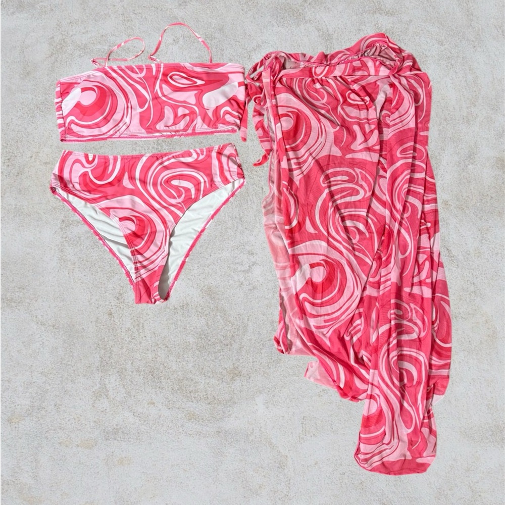 NWOT Pink Swirl Bikini Set with Cover-Up